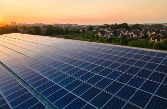 Solar panel installation against cityscape