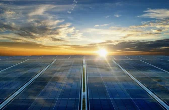 Photovoltaic solar panel installation on sunset.