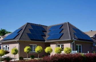 A house with installed solar panels generating electricity.
