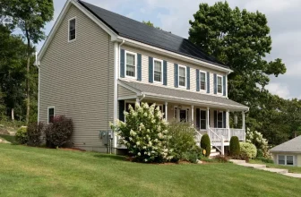 A residential house building with installed solar PV panels on the roof.