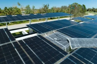 Wind damage to solar panels installed over parking lot canopy shade for parked cars
