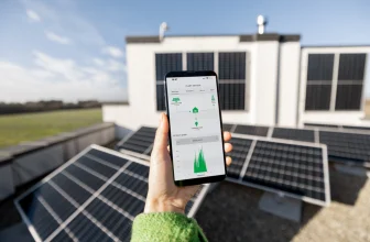 A person uses a mobile solar monitoring app in front of solar panels